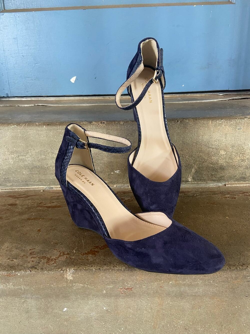 Cole Haan navy suede wedge 2 piece pumps with ankle strap